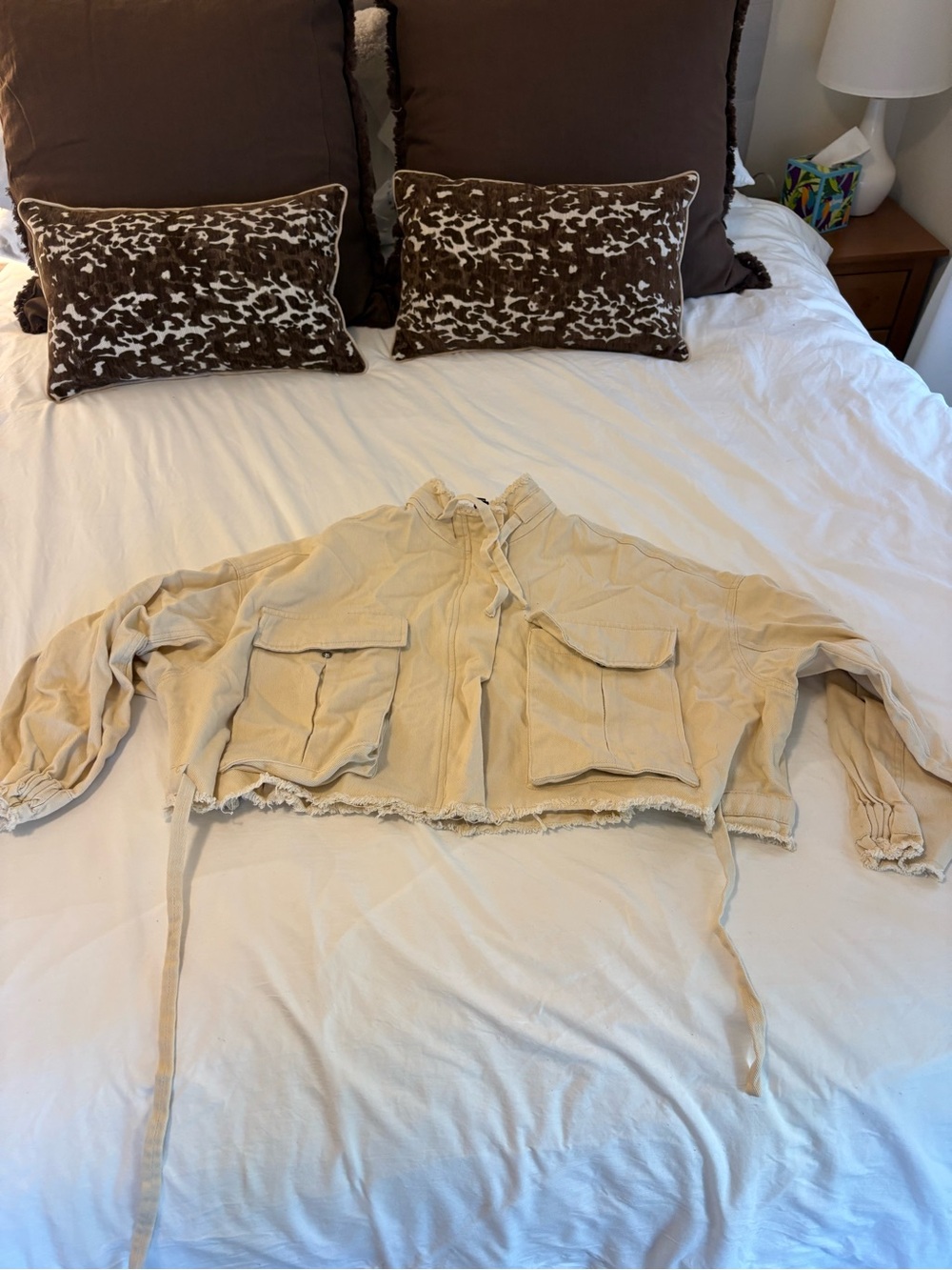 Forever 21 Cropped Cream Utility Jacket with Front Flap Pockets
